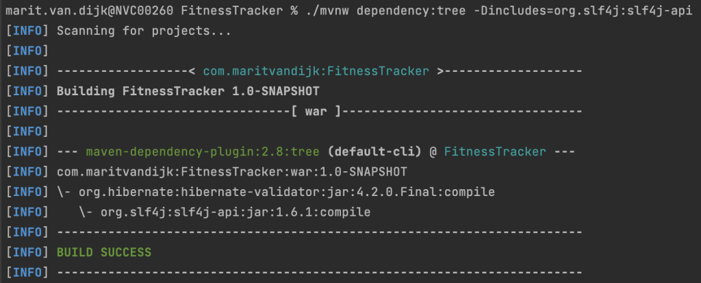 Command line showing the command `./mvnw dependency:tree -Dincludes=org.slf4j:slf4j-api` and it's result.