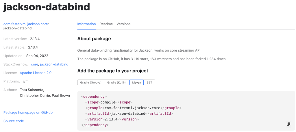 Jackson Databind on JetBrains' Package Search