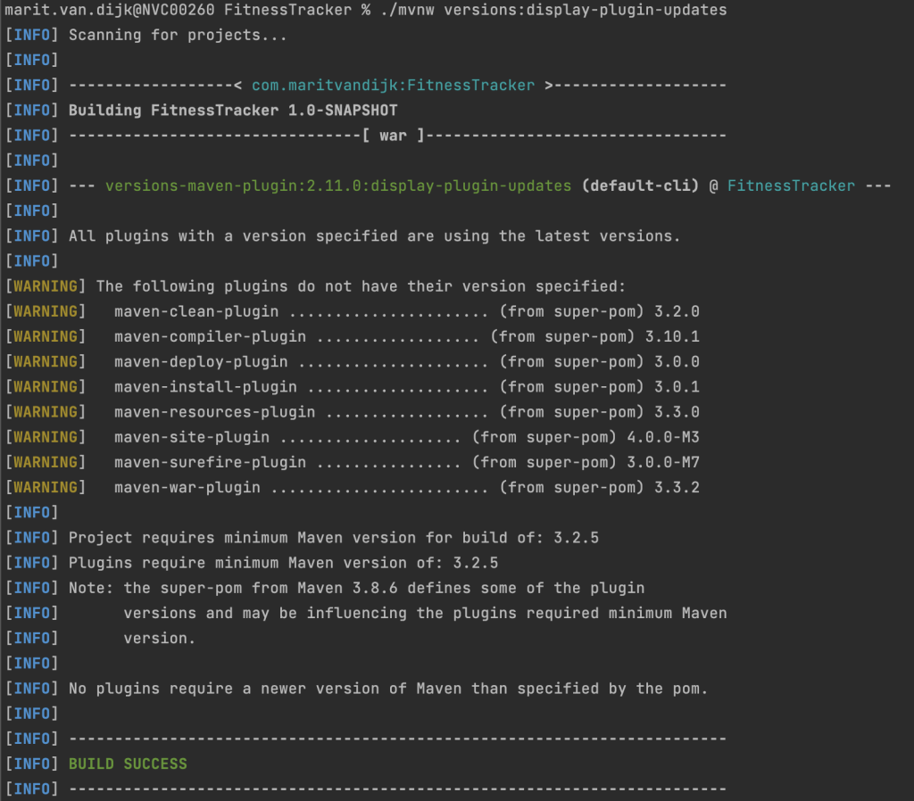Command line showing the command ./mvnw versions:display-plugin-updates and the results