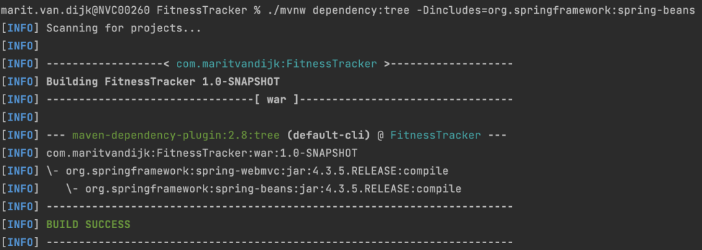 Command line showing a command to filter the Maven dependency tree and it's output