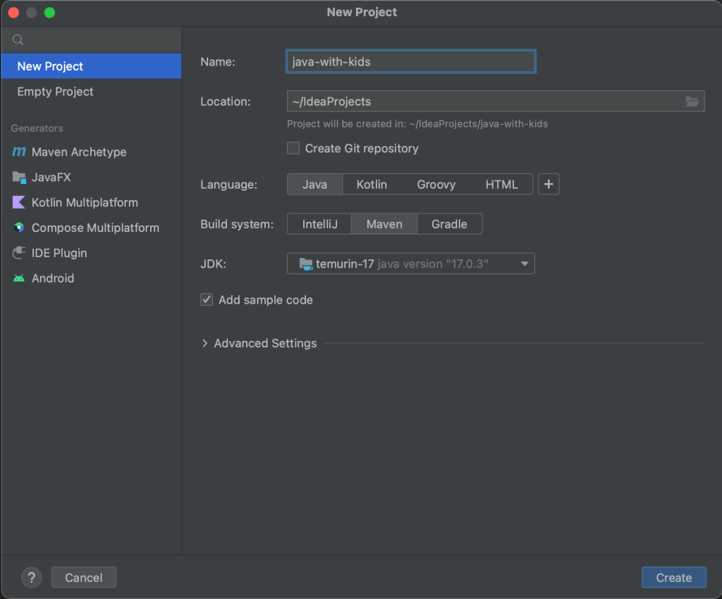 New Project wizard in IntelliJ IDEA with Java and Maven selected, as well as JDK temurin-17