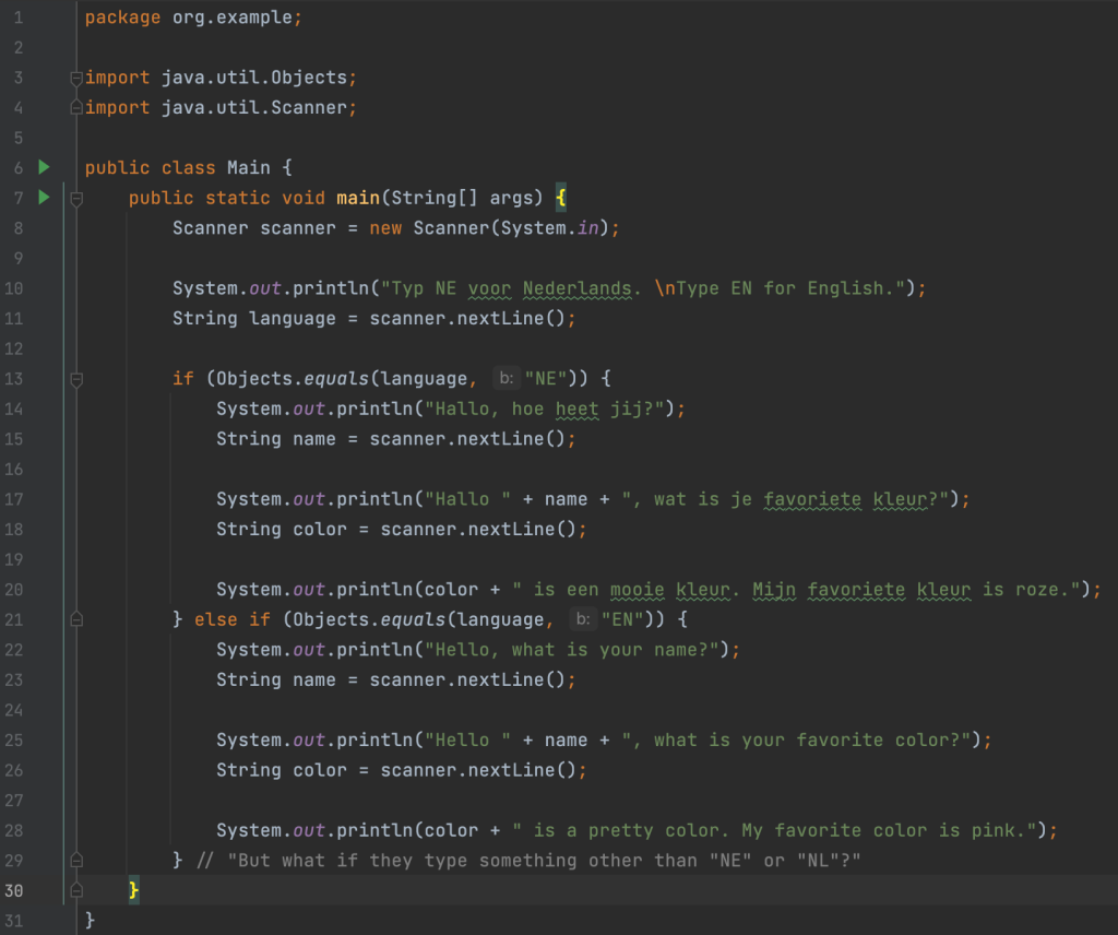 A Java programming using an if/else statement to select a language