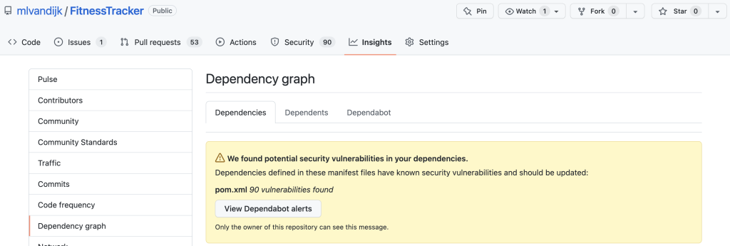 GitHub project Insights tab with the Dependabot Dependencies graph Dependencies tab open and yellow alert stating We found potential security vulnerabilities in your dependencies.