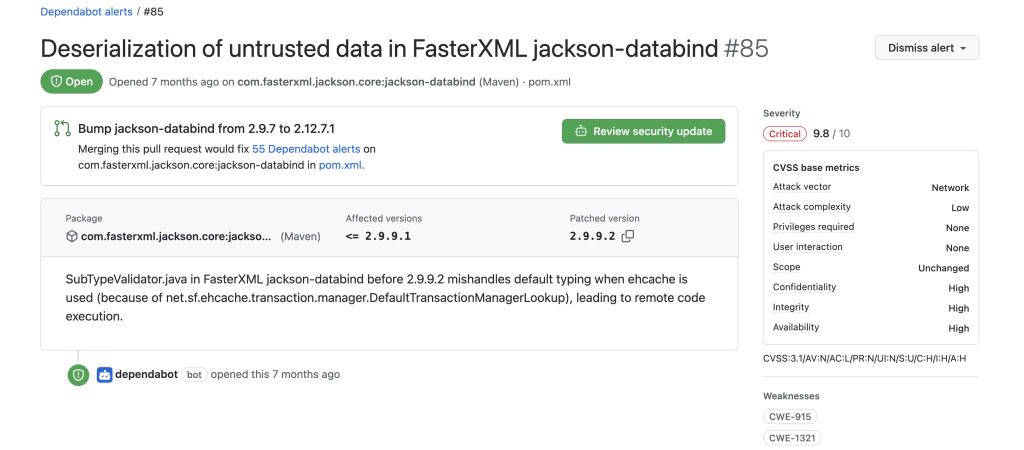 Dependabot pull request for a security update on jackson-databind with information about the vulnerabilities found.