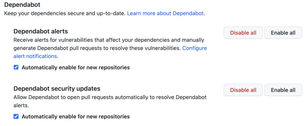 Dependabot settings on GitHub