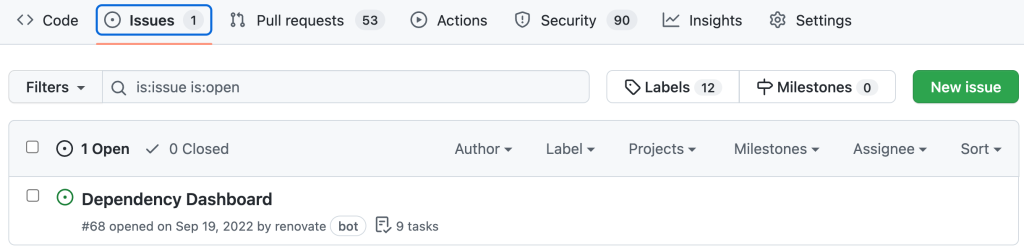 GitHub project Issues tab with a Renovate Dependency Dashboard link