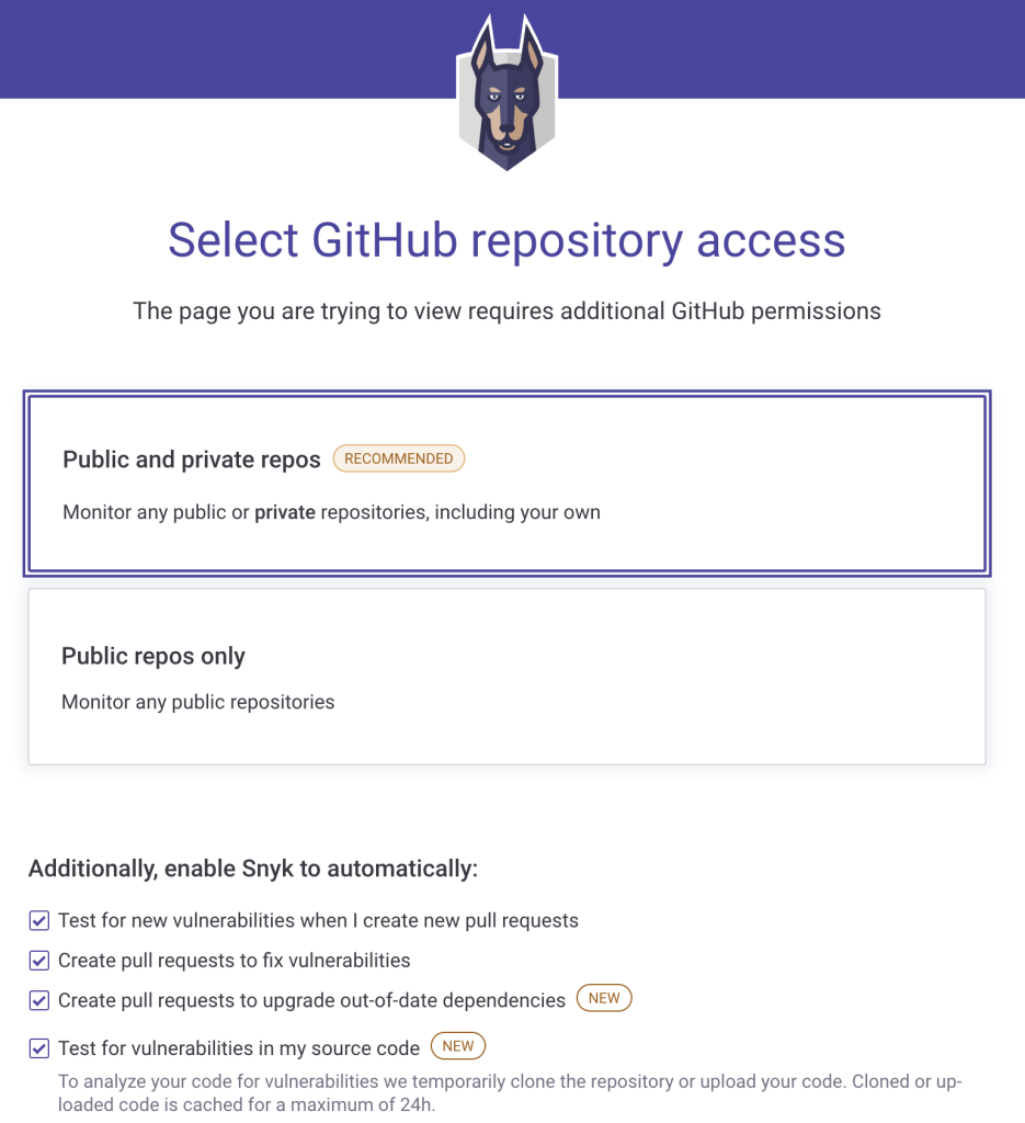 Snyk Open Source screen to Select GitHub repository access for Public and private repos or Public repos only with additional features to select
