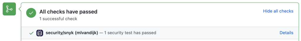 GitHub screen saying All checks have passed including a Snyk Open Source security test has passed