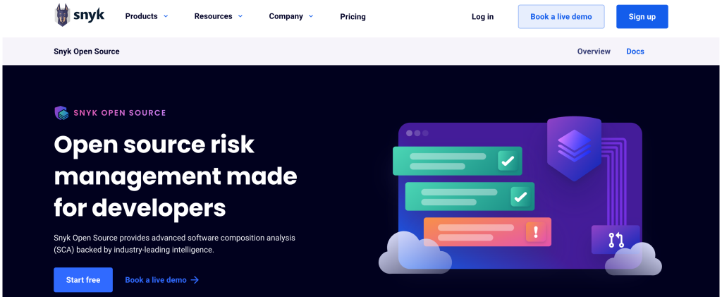 Snyk Open Source website with the option to Start free