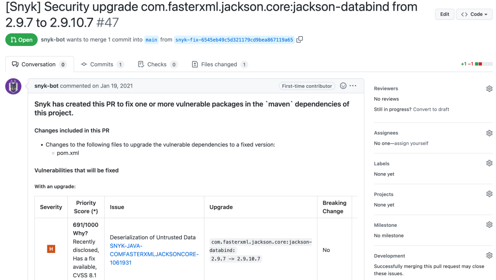 Snyk Open Source pull request for jackson-databind with information about the vulnerability found.