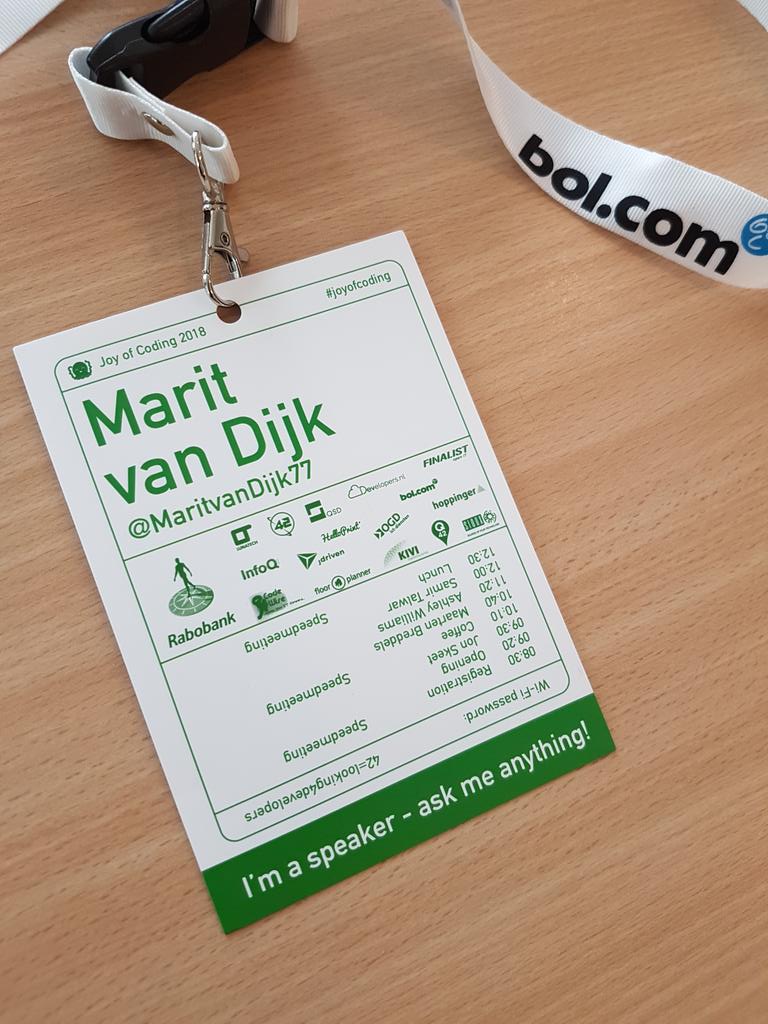 Joy of Coding 2018 conference badge with my name and the text "I'm a speaker - ask me anaything!"