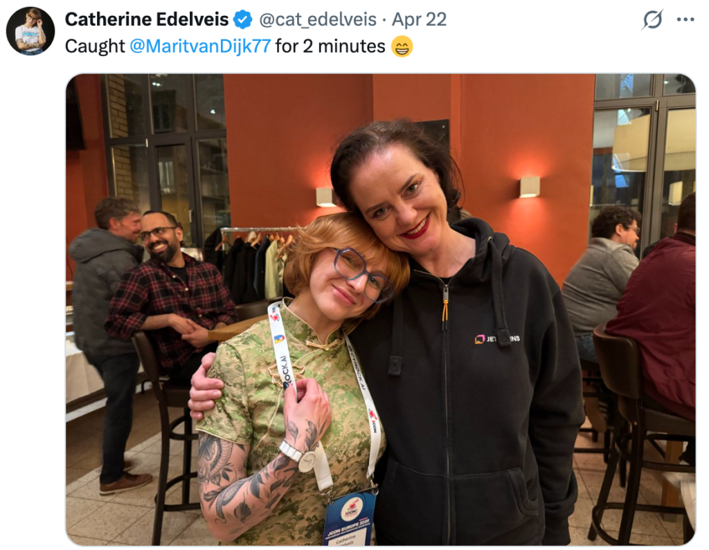 Social media post by Catherine Edelveis with the text "Caught Marit van Dijk for 2 minutes" containing a picture of Catherine and Marit.