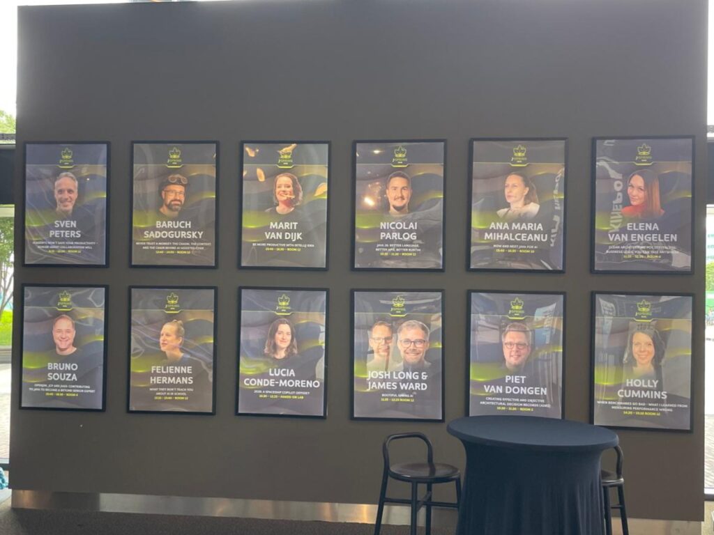 Speaker posters for JSpring speakers: Sven Peters, Baruch Sadogursky, Marit van DIjk, Nicolai Parlog, Ana Maria Mihalceany, Elena van Engelen, Bruno Souza, Felienne Hermans, Lucia Conde-Moreno, Josh Long & James Ward, Piet van Dongen, Holly Cummins